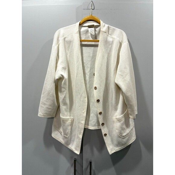 Vintage Huntington Ridge Cream Rib Knit Cardigan Jacket Medium Button Front - Picture 2 of 8